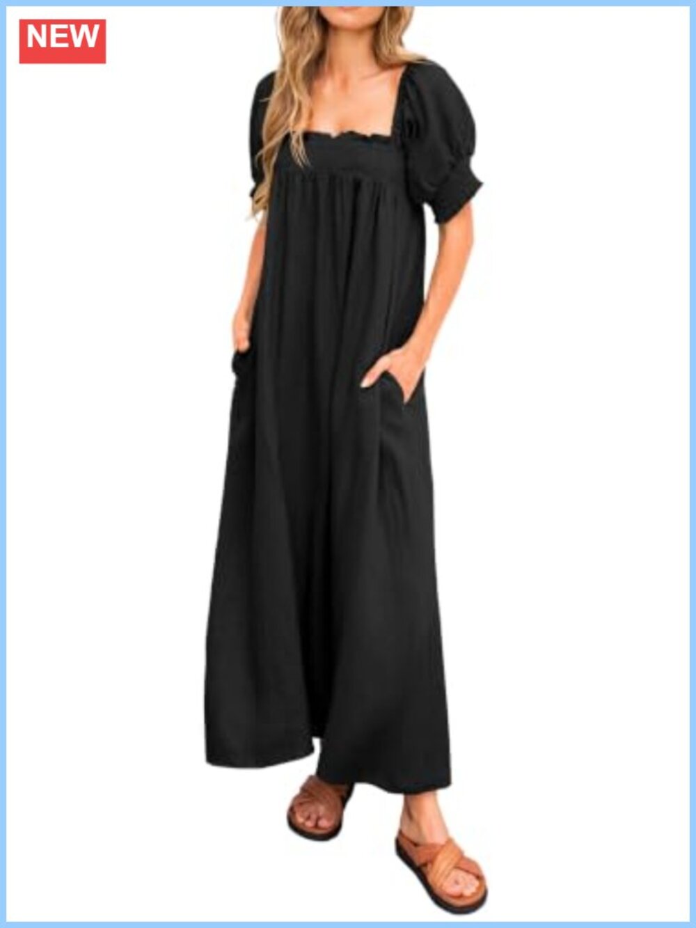 Women's Summer Maxi Dress Puff Sleeve Square Neck Flowy